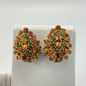 Vtg Green & Orange Crystal Statement Earrings, Clip Ons, Mid Century Modern